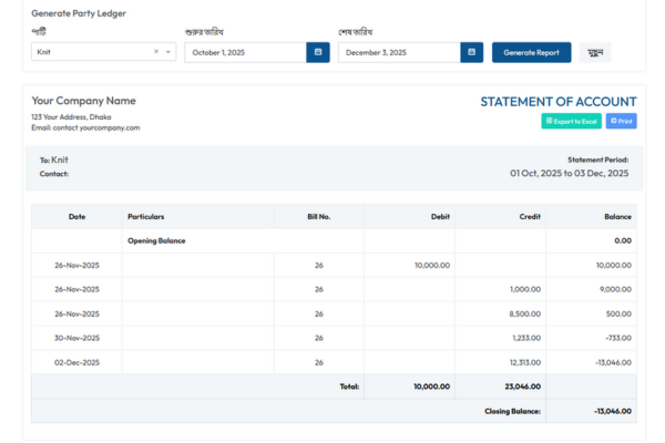 Party Ledger Management Screen